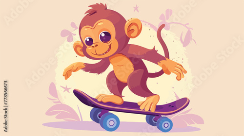 Cute monkey ride a skateboard icon illustration vec