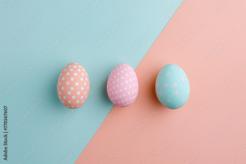 Pastel Easter eggs, polka dot pattern, spring holiday decoration against duo-tone background with copy space