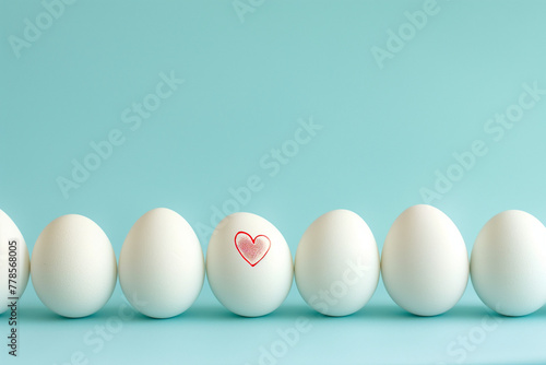 Row of white eggs, one with red heart, conceptual love theme against a pale blue background with copy space