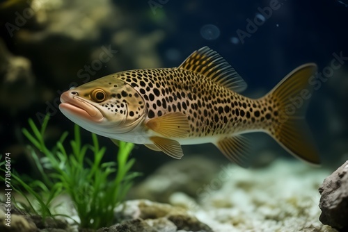 Closeup of brown trout fish, Salmo trutta fario in the aquarium
