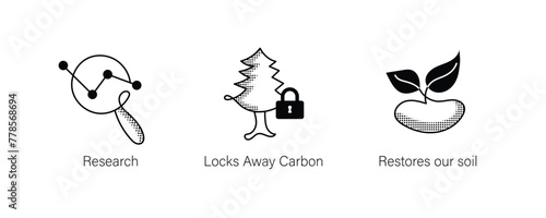 Environmental Solutions Icons Set. Locks Away Carbon  Restores Our Soil  Research. Editable Stroke Icons.