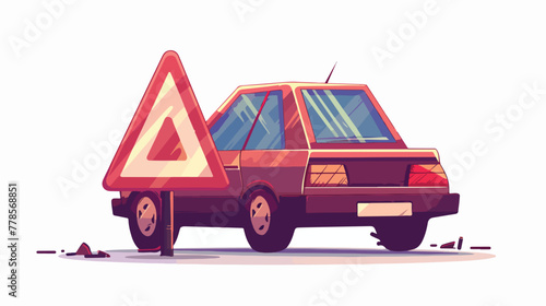 Damaged car. red triangle sign. cartoon illustratio