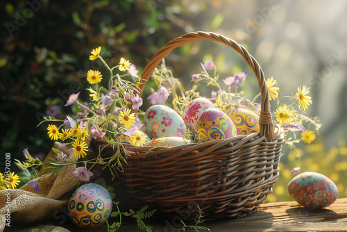 Easter basket with patterned eggs among wildflowers, rustic charm, springtime bounty in sunlight