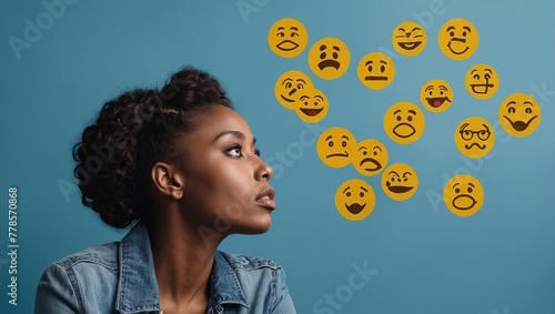 Thinking, idea and black woman with mockup in studio for planning, questions or asking on blue background, Why, curious and African female model with emoji guess for problem solving or brainstorming