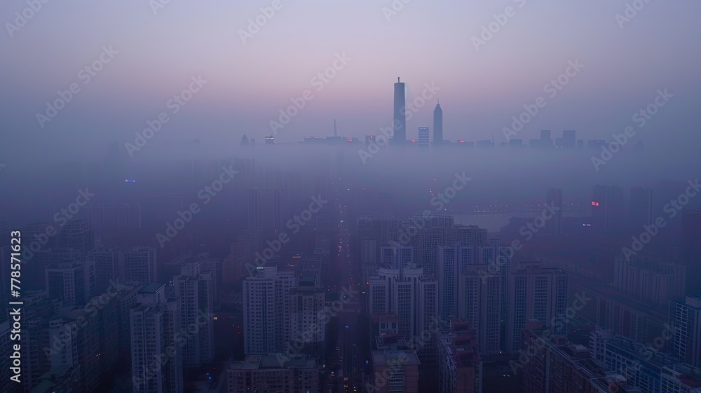 Urban skyline masked by PM 2.5, spotlighting urgent tech innovations and streamer awareness ,4K, HD, low noise Urban skyline masked by PM 2.5, spotlighting urgent tech innovations and streamer awareness ,4K, HD, low noise