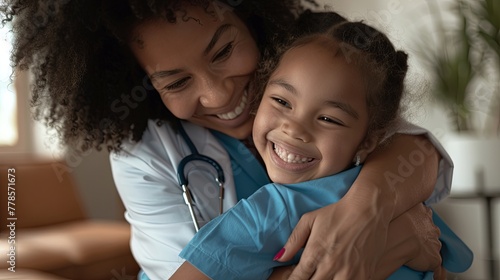A caring nurse embraces a smiling young girl, providing comfort during a home healthcare visit ,4K, HD, low noise