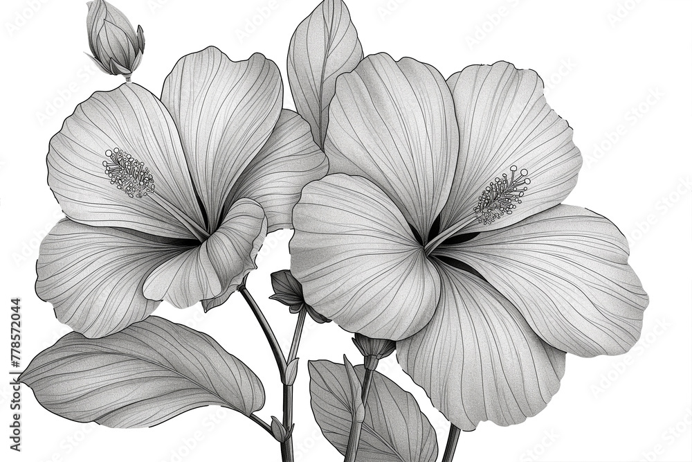 Fototapeta premium Hand-drawn Hibiscus flower isolated on transparent background. Floral outline style. Vector illustration.