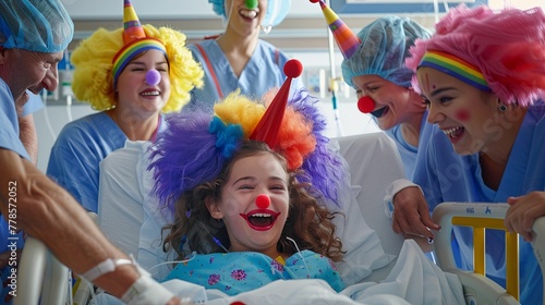 A young girl in a hospital bed is joyfully surprised by doctors dressed in colorful wigs and clown noses for her birthday celebration ,4K, HD, low noise photo