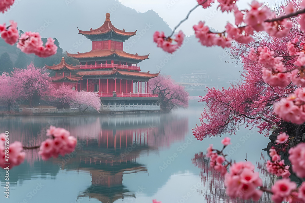Obraz premium Oriental Pavilion Amidst Cherry Blossoms, Tranquil Scenery, Perfect for Travel Brochures, Meditation Retreat Flyers, and Cultural Festival Posters, Peaceful Imagery with Room for Descriptions.