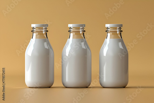 Minimalist Milk Bottle Trio, Modern Dairy Advertisement Style, Clean Food Packaging Concept, Suitable for Nutritional Campaigns, Dairy Branding, and Culinary Websites, featuring copy space.