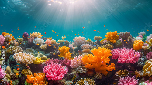Undersea Coral Splendor, Marine Life Photography Style, Ocean Conservation Concept, Perfect for Environmental Awareness Campaigns, Aquatic Wildlife Documentaries, Marine Biology Educational Content. © Lolik