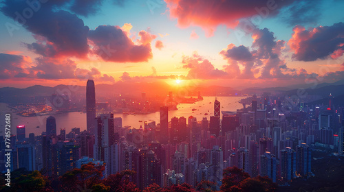 Breathtaking Sunset over Hong Kong Skyline, Cityscape Photography Style, Urban Wonder Concept, Perfect for Travel Guides, Architectural Studies, Environmental Impact Articles.