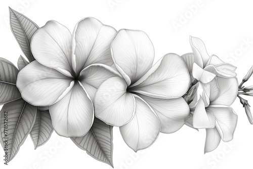 Monochrome sketch of Plumeria flower isolated on transparent background. Floral background