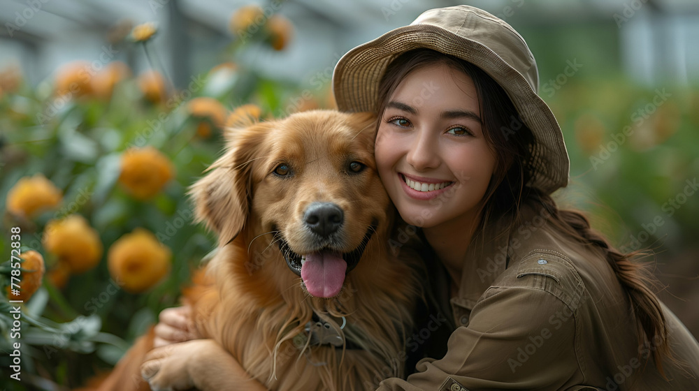 Woman Embracing Retriever, Garden Bonding Style, Friendship and Nature Concept, Perfect for Lifestyle Magazines, Pet-Friendly Travel Ads, Gardening Guides.