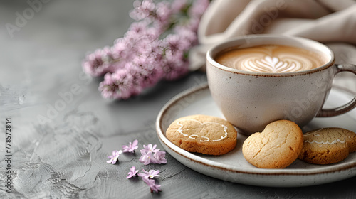 Coffee with Cookies and Flowers  Cozy Afternoon Style  Relaxation and Comfort Concept  Suitable for Caf   Menus  Lifestyle Blogging  Home and Living Magazines.