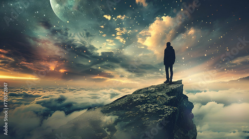 Man Standing on Cliff Overlooking Cosmic Sky, Adventure Dream Style, Exploration and Wonder Concept, Suitable for Inspirational Book Covers, Motivational Workshops, Visionary Art Collections.