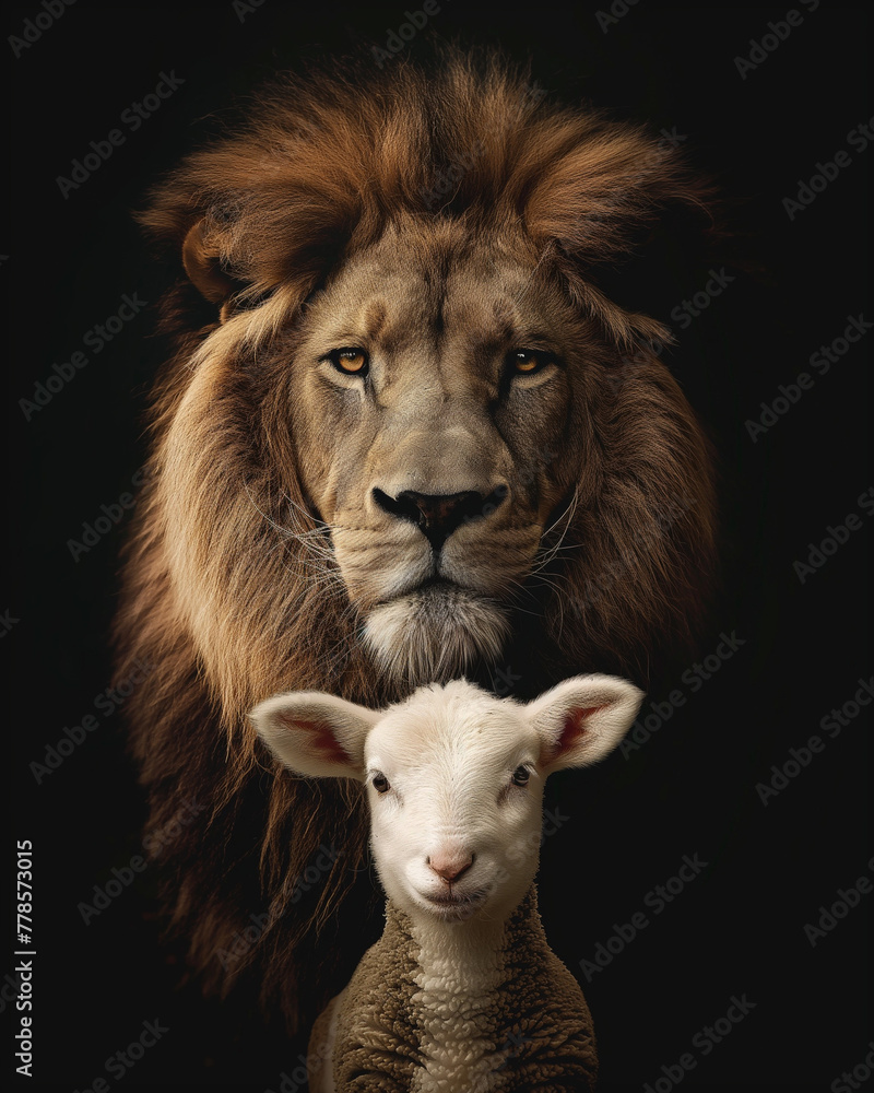 Lion and lamb, symbolic imagery, serene encounter, dark background