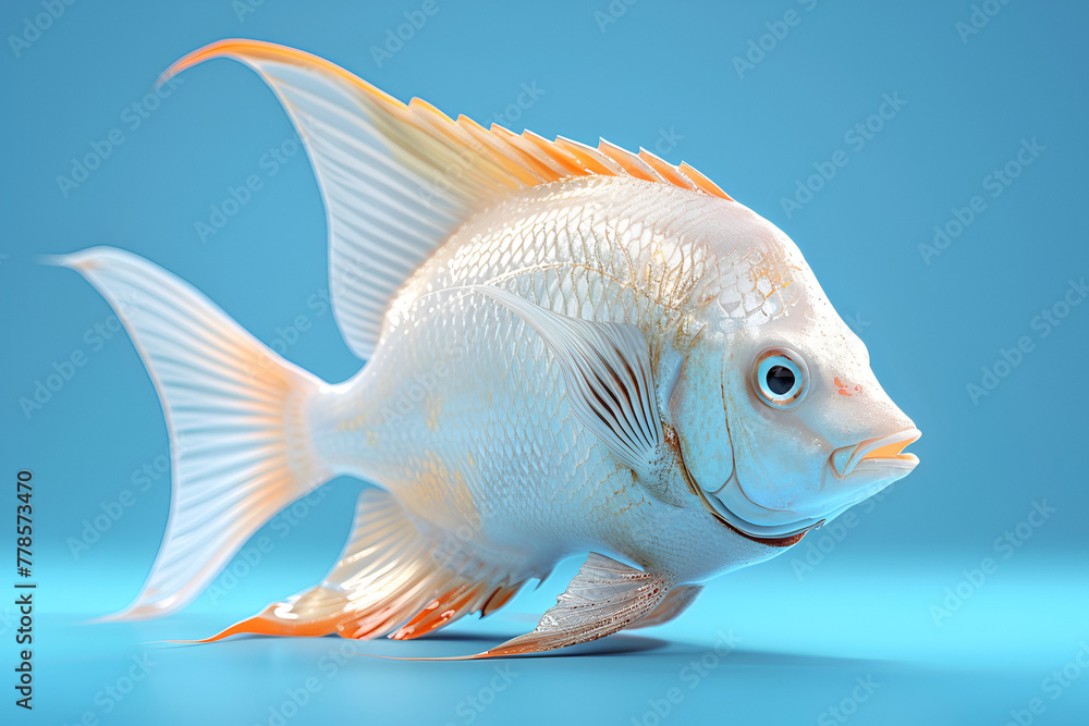 A highly detailed 3D illustration of a white ornamental fish against a blue background. A highly detailed 3D illustration of a white ornamental fish against a blue background.