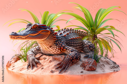 A 3D illustration of a detailed alligator basking on a small island with plants and rocks. photo