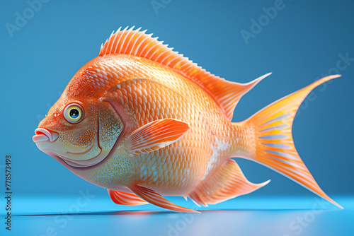 A vibrant illustration of an exotic orange fish with intricate details against a blue background. photo