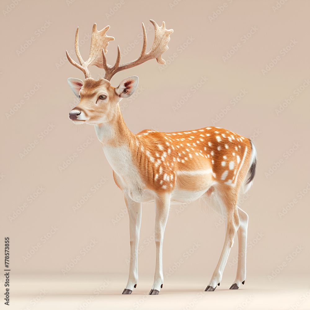 Obraz premium A photorealistic illustration of a majestic spotted deer with large antlers on a soft beige background.