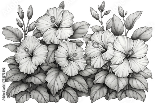 Monochrome sketch of hibiscus flower isolated on transparent background