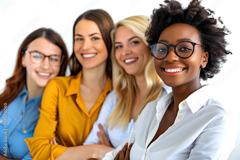 A diverse group of smiling women posing together in a friendly manner. A diverse group of smiling women posing together in a friendly manner.