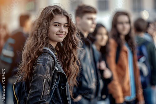 A smiling young woman in focus in a leather jacket with a group of people in the background.