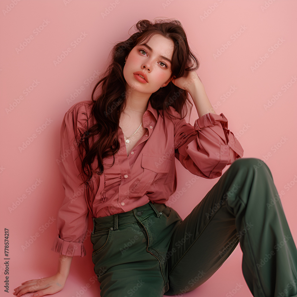 A young woman posing in stylish clothing against a pink background. A young woman posing in stylish clothing against a pink background.