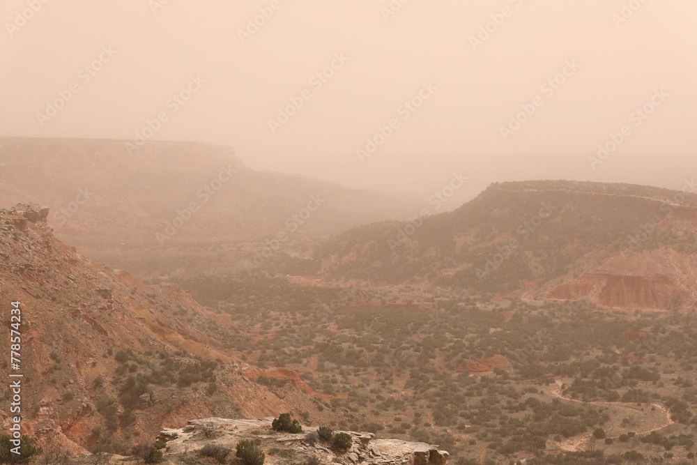Panaramic View of the Palo Duro Canyon During a Dust Storm