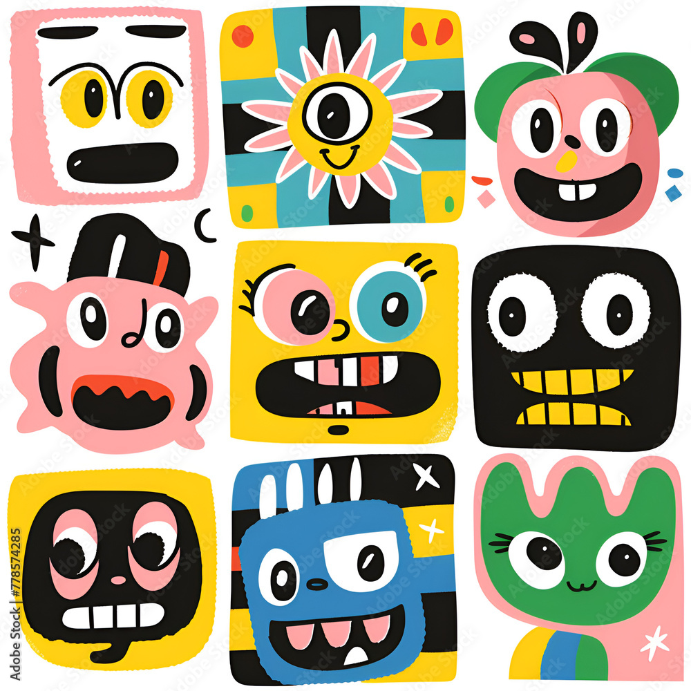 A colorful collage of various quirky cartoon faces with expressive features and whimsical designs.
