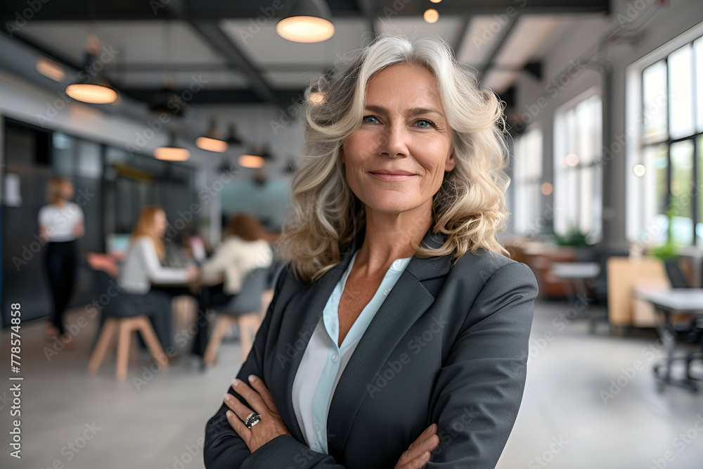 Confident senior businesswoman with arms crossed standing in an office setting.
