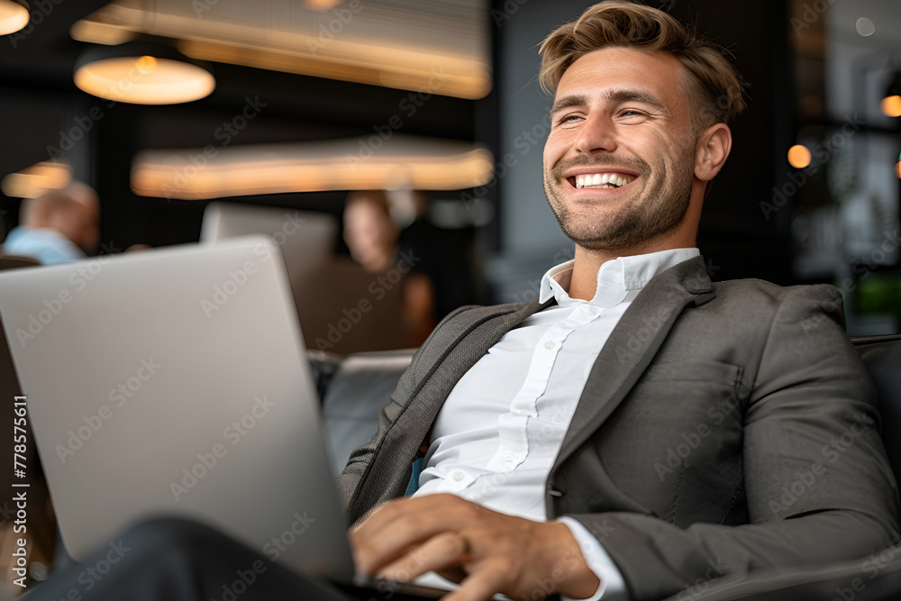 A smiling businessman with a laptop sits casually in a modern office setting, exuding confidence.