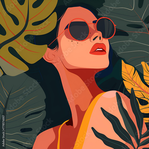 Artistic illustration of a woman with sunglasses surrounded by tropical leaves.