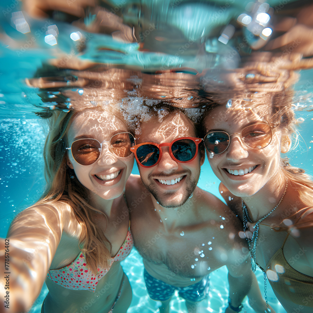 Three friends enjoying a sunny day in a swimming pool, taking a selfie underwater with visible sunbeams.