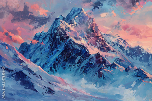 beautiful mountain landscape, oil, painting, arctic