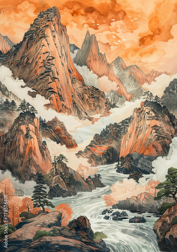 minimal ancient chinese mountain with river