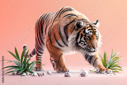 A realistic 3D rendering of a tiger prowling with a pink background. photo
