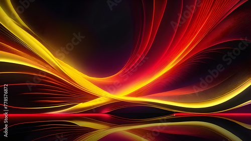 Dynamic Red and Yellow Neon Waves on Black Background: Vibrant Patterns(Generative AI)