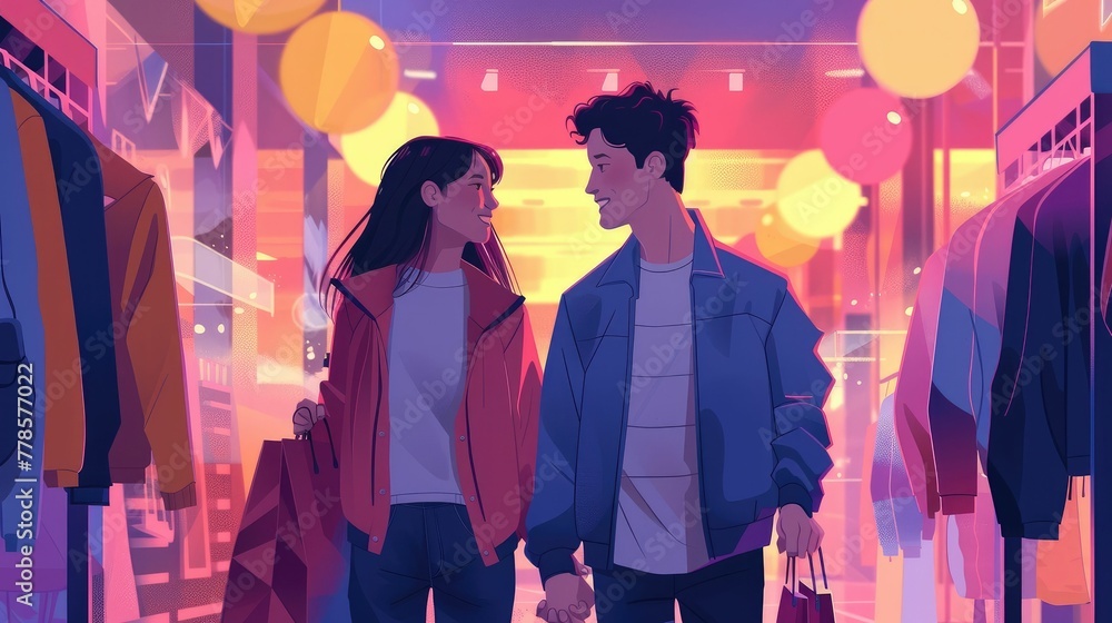 Excited Young Couple Explore Trendy Urban Mall on Romantic Shopping Adventure