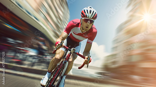 A cyclist in motion wearing a red and white outfit and a helmet, intensely focused during a race.