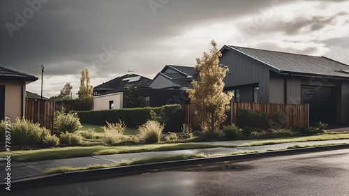 Suburban street with modern houses under a dramatic stormy sky.