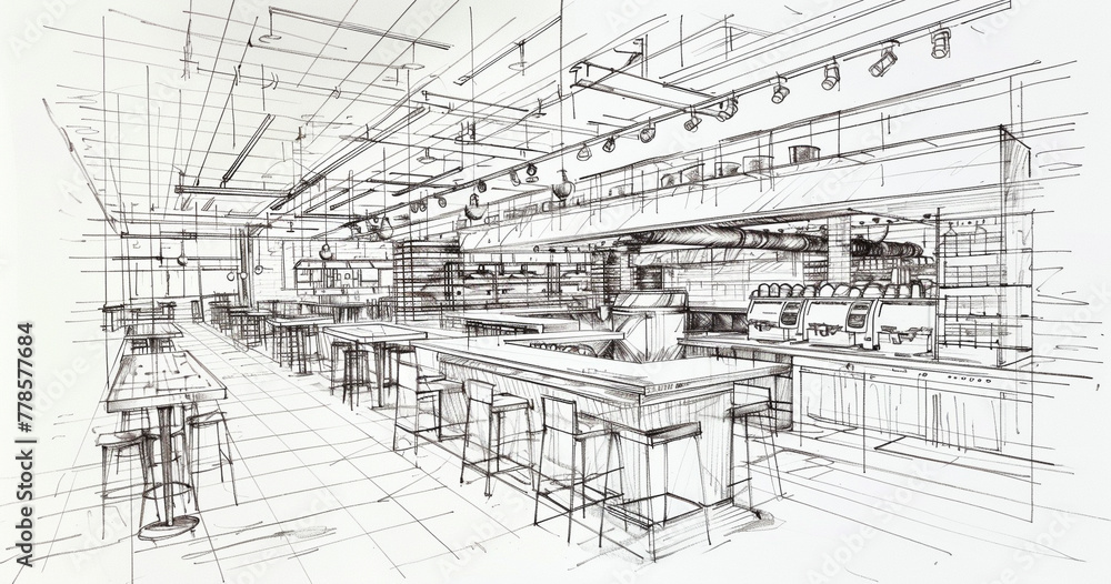 food court or canteen, simple sketch rough pen drawing, storyboard drawing style