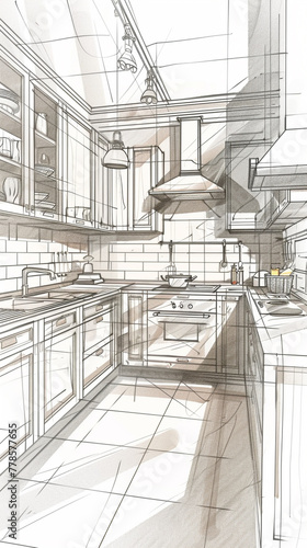 sketch of a kitchen transforming into real rendering