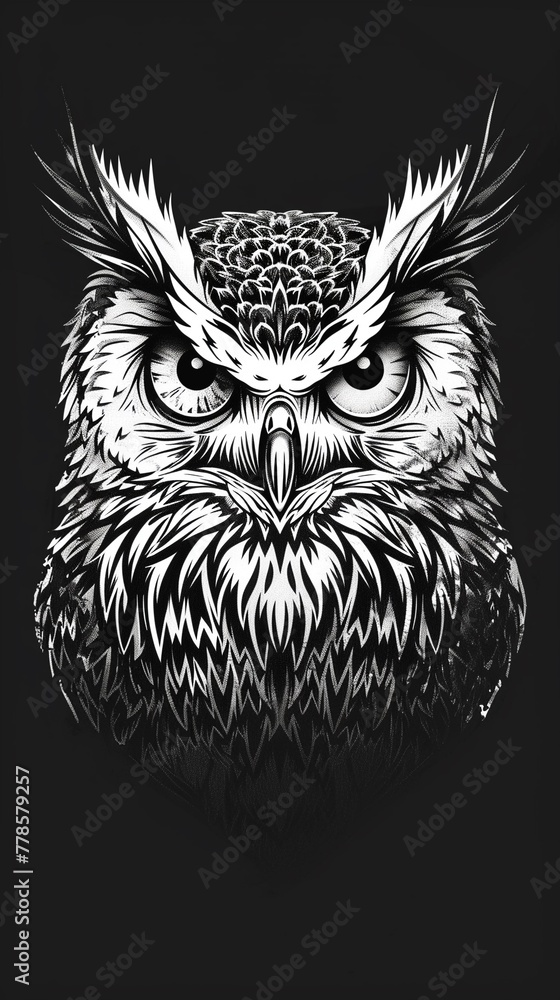 Owl insignia, national heritage theme, bold lines, top view, monochrome