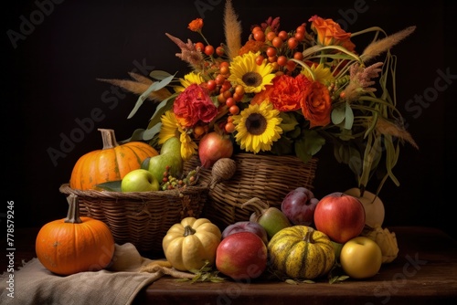 Autumn Harvest Still Life  Pumpkins  Apples and Dried Leaves