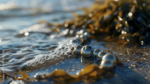 Sunlit Pearl Necklace Entangled in Seaweed at the Beach