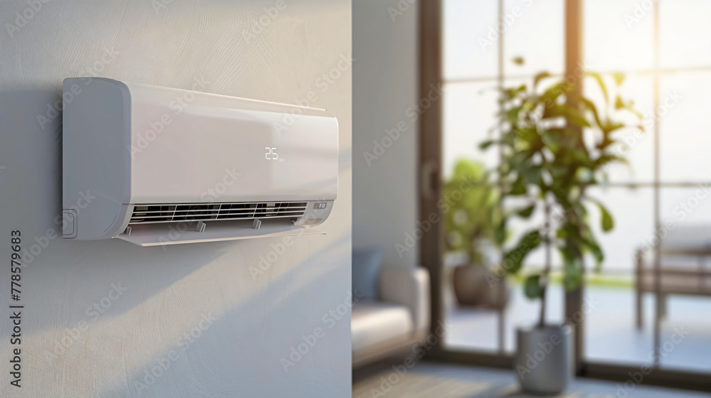 3D rendering of an air conditioner on a white wall in a living room ...
