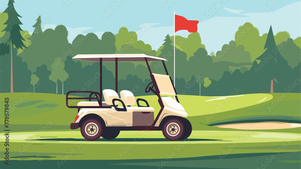 Golf cart and flag on a golf course 2d flat cartoon