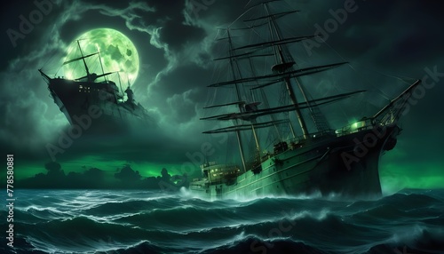 Photo with a more photorealistic depiction of the Bermuda Triangle under a dark, moonlit sky. The scene is intensely vivid, with enhanced realism in the textures and lighting. Eerie green hues dominat